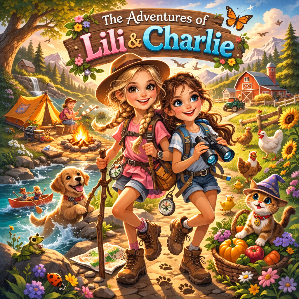 Illustrated cover art: Lili and Charlie hiking with their dog, cat, and camping gear