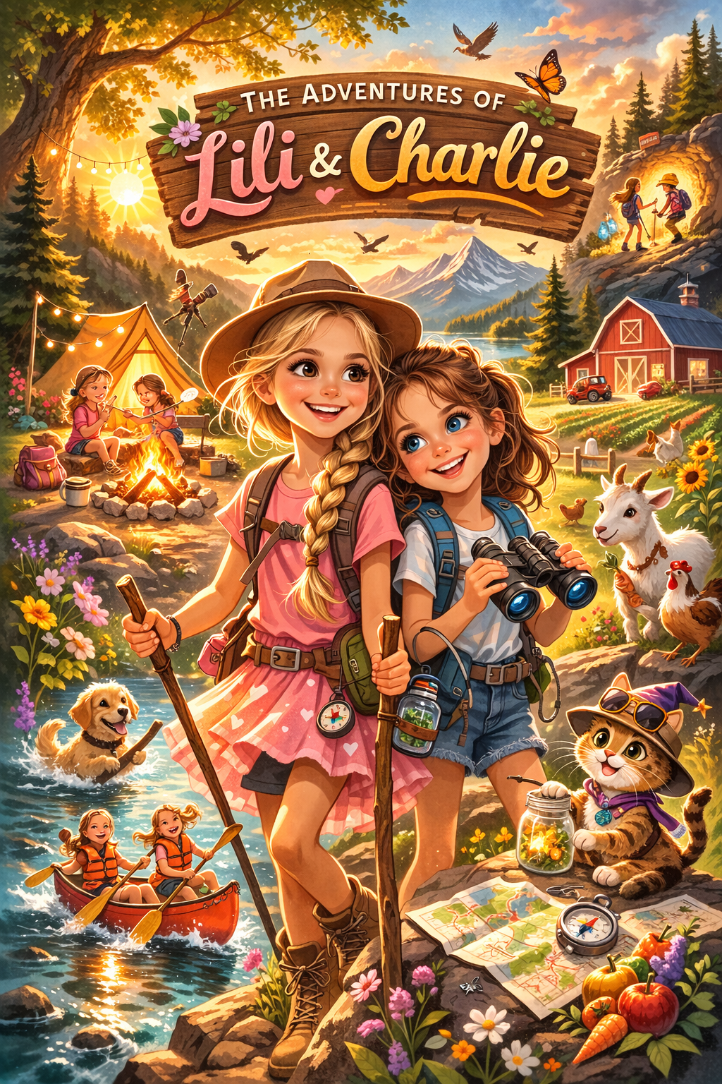 Book one cover art: Lili and Charlie at a campsite at sunset with their dog, cat, and a treasure map